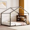 Full Size Metal Bed House Bed Frame with Shelves and Lights, Black