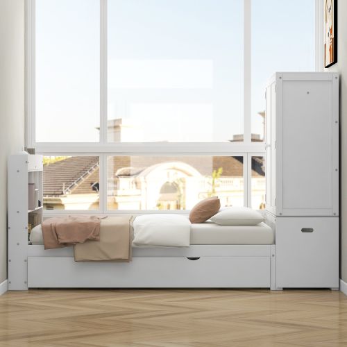 Twin Size Platform Bed with Storage Headboard and Footboard, Pull Out Shelves and Twin Size Trundle, White Twin Size Platform Bed with Storage Headboard and Footboard, Pull Out Shelves and Twin Size Trundle, White