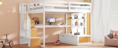 Full Size Loft Bed with Desk and Shelves, Two Built-in Drawers, Storage Staircase, White and Natural
