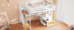 Full Size Loft Bed with Desk and Shelves, Two Built-in Drawers, Storage Staircase, White and Natural