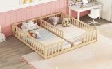 Double Twin Floor Bed with Fence, Guardrails, without door, Natural