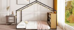 Full Size Metal Bed House Bed Frame with Shelves and Lights, Black