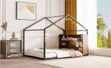 Full Size Metal Bed House Bed Frame with Shelves and Lights, Black