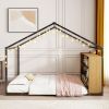Full Size Metal Bed House Bed Frame with Shelves and Lights, Black
