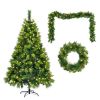 6FT Grass Green Christmas Tree, Large Branches Pine Tree, Pre-Lit Set with Tree & Garland & Wreath, Artificial Christmas with Pine Cones