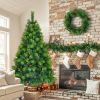 6FT Grass Green Christmas Tree, Large Branches Pine Tree, Pre-Lit Set with Tree & Garland & Wreath, Artificial Christmas with Pine Cones