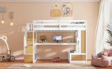 Full Size Loft Bed with Desk and Shelves, Two Built-in Drawers, Storage Staircase, White and Natural