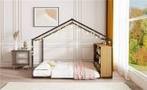 Full Size Metal Bed House Bed Frame with Shelves and Lights, Black