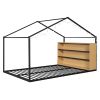 Full Size Metal Bed House Bed Frame with Shelves and Lights, Black