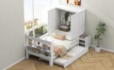 Twin Size Platform Bed with Storage Headboard and Footboard, Pull Out Shelves and Twin Size Trundle, White