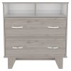 Portanova Two Drawer Dresser, Two Open Shelves, Superior Top, Four Legs -Light Gray / White