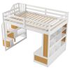Full Size Loft Bed with Desk and Shelves, Two Built-in Drawers, Storage Staircase, White and Natural