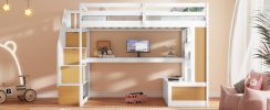 Full Size Loft Bed with Desk and Shelves, Two Built-in Drawers, Storage Staircase, White and Natural