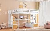 Full Size Loft Bed with Desk and Shelves, Two Built-in Drawers, Storage Staircase, White and Natural