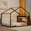 Full Size Metal Bed House Bed Frame with Shelves and Lights, Black