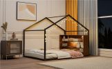 Full Size Metal Bed House Bed Frame with Shelves and Lights, Black