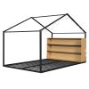 Full Size Metal Bed House Bed Frame with Shelves and Lights, Black