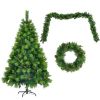 6FT Grass Green Christmas Tree, Large Branches Pine Tree, Pre-Lit Set with Tree & Garland & Wreath, Artificial Christmas with Pine Cones