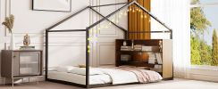 Full Size Metal Bed House Bed Frame with Shelves and Lights, Black
