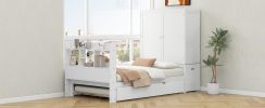 Twin Size Platform Bed with Storage Headboard and Footboard, Pull Out Shelves and Twin Size Trundle, White