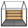 Full Size Metal Bed House Bed Frame with Shelves and Lights, Black
