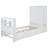 Twin Size Platform Bed with Storage Headboard and Footboard, Pull Out Shelves and Twin Size Trundle, White